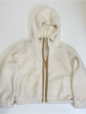 GAP Cream Sherpa Zip Hooded Puffer with Tan Trim